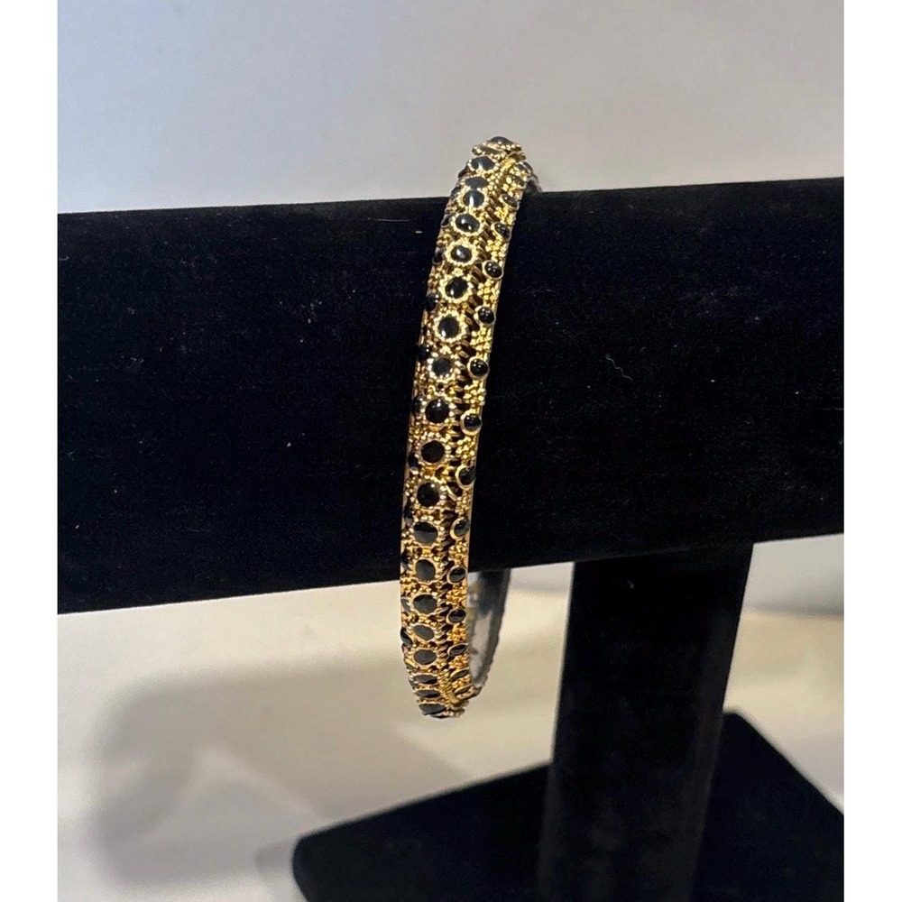 Vintage Textured Gold Tone Bangle Bracelet‎ Black Cabochon Dot Accents Stacking